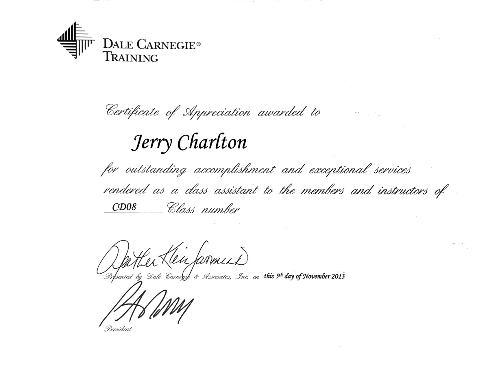 Dale Carnegie Course - Graduate Assistant - Jerry Charlton
