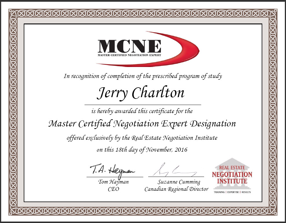 Jerry Charlton’s Master Certified Negotiation Expert certificate, awarded November 18, 2016